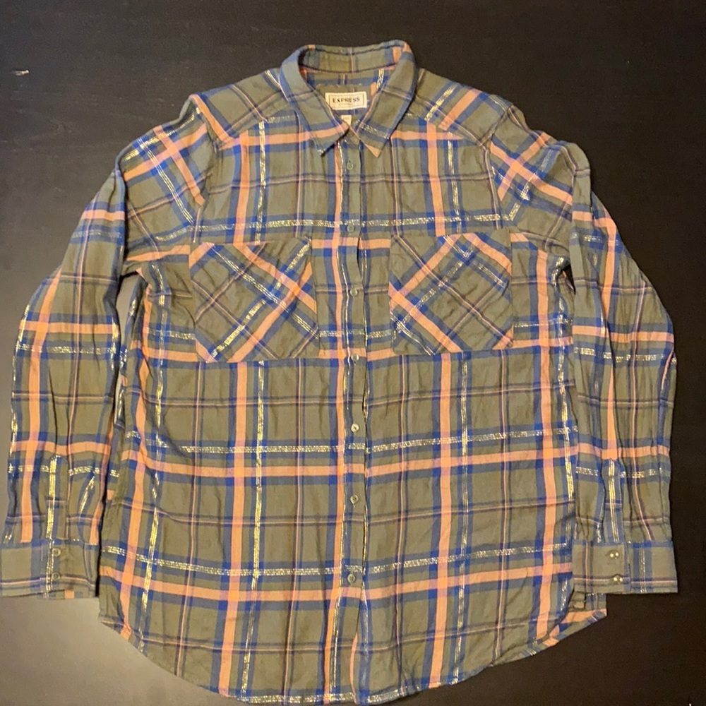 Express Olive, Navy, Blush and Gold Metallic Flannel